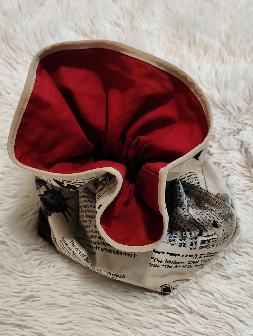 Vintage Style Drawstring Pouch Black Cream Newsprint Red Lining Travel Organizer